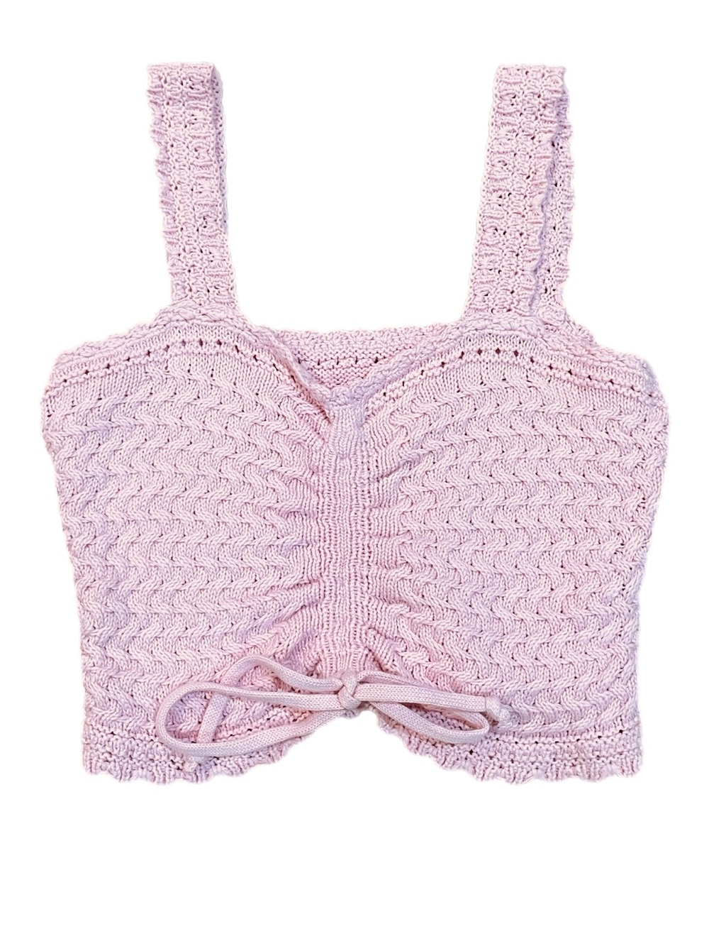 Pink Crochet Tank Top Babydoll Y2K Femme Cottagecore Cinch Tie Knit Fairy Boho S